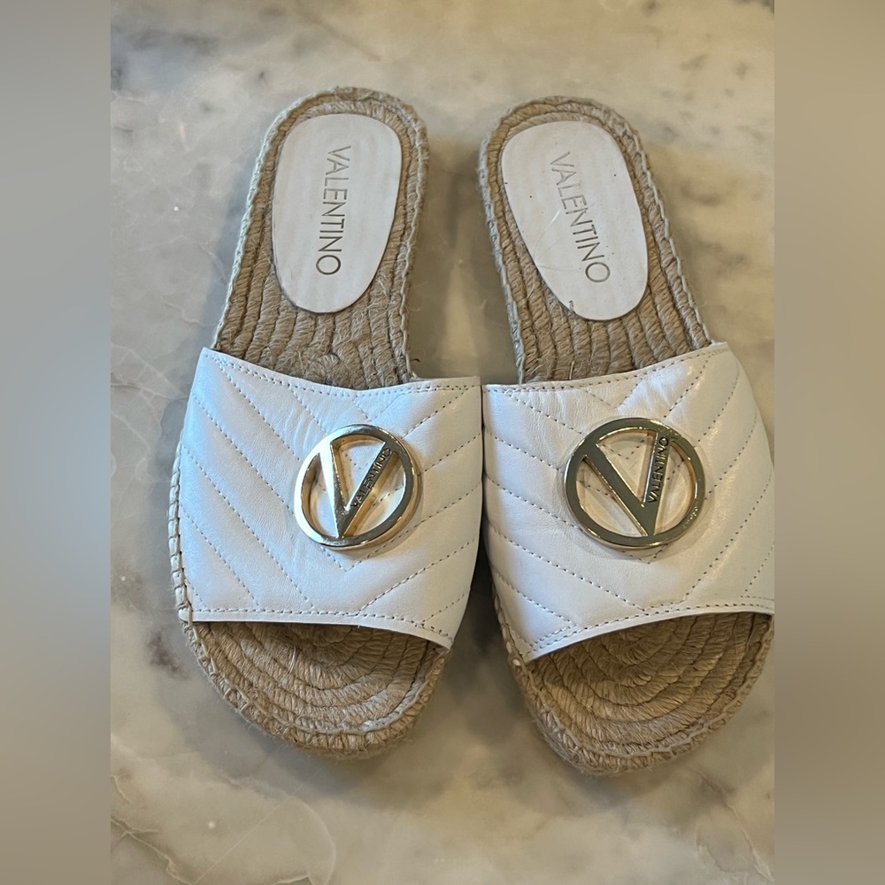 VALENTINO White Leather Espadrilles with Gold “V” Monogram Women’s Size 10